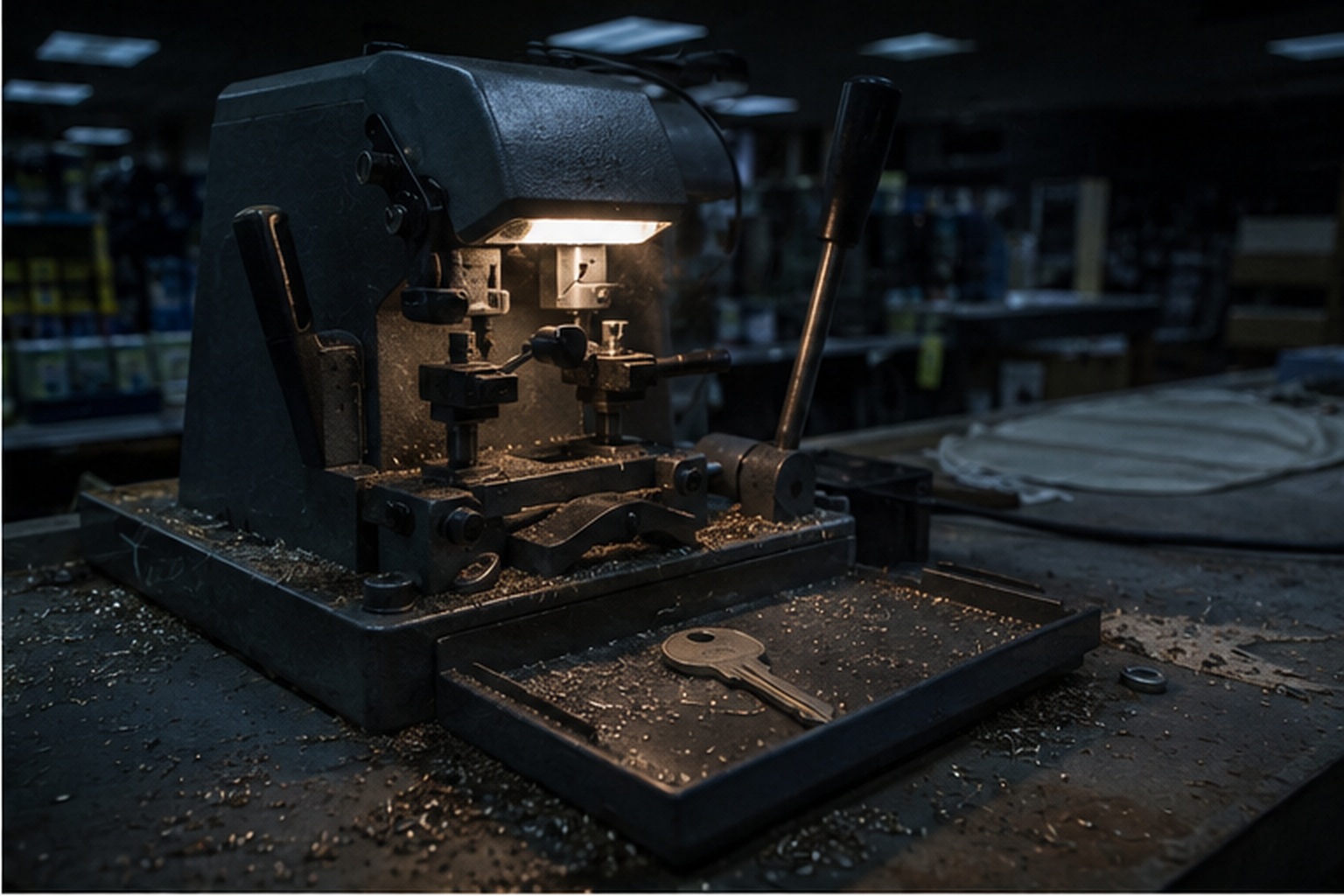Old key-cutting machine with metal shavings and a blank key on the counter after closing.