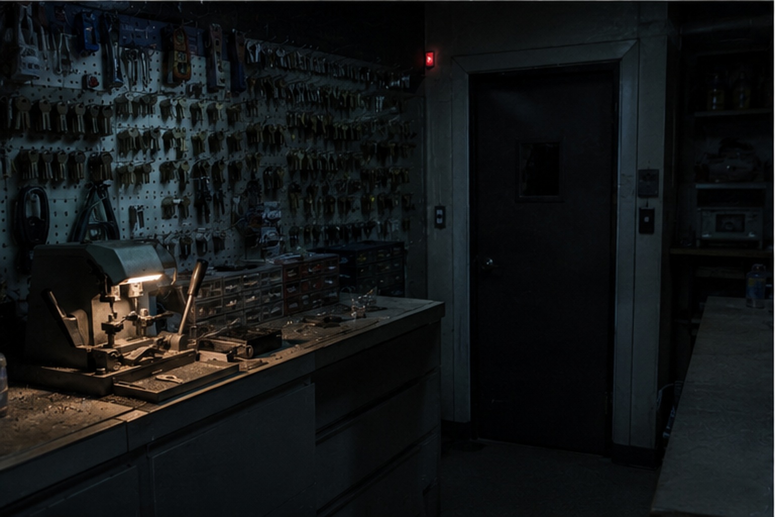 Hardware store back counter with a lit key machine and a locked back-room door in shadow.