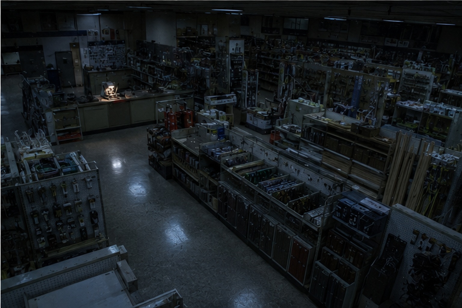 Empty hardware store after closing with one small machine powered on at the service desk.