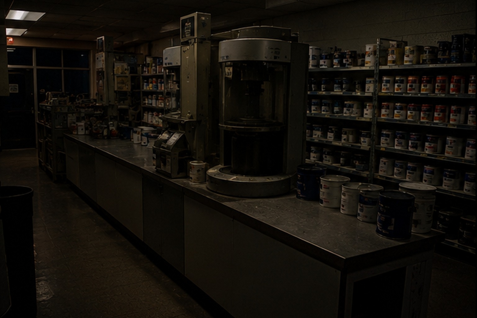 Closed hardware store paint counter at night CAPTION 1: The paint counter was empty when the after-hours camera began recording the motion alert.