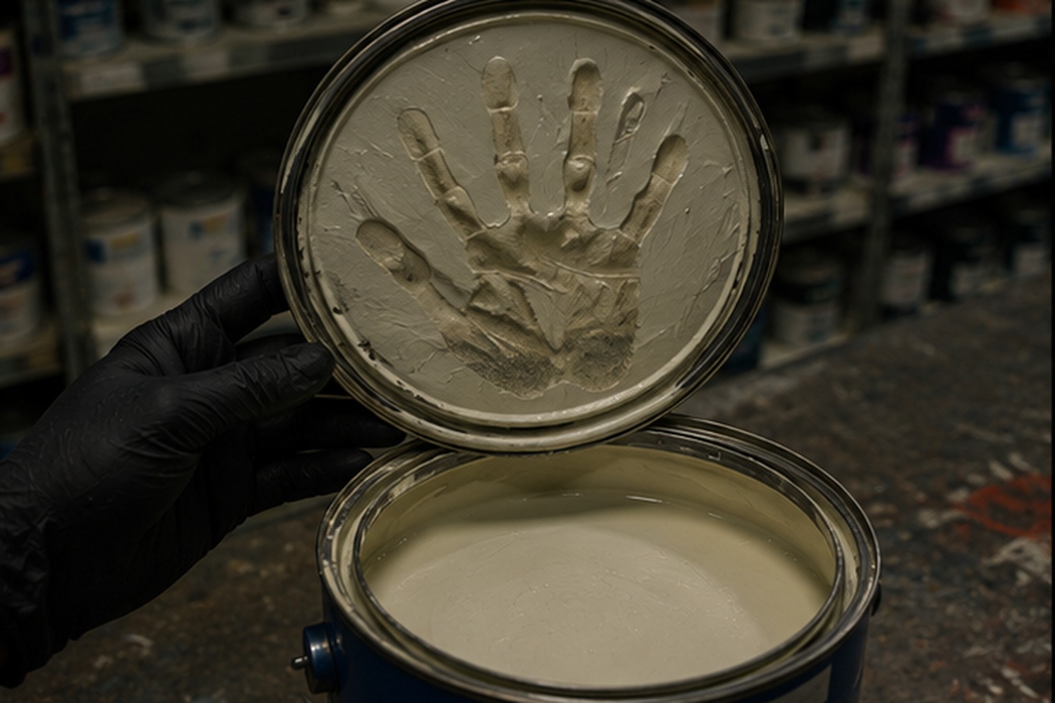 Hand-shaped smear under paint can lid CAPTION 3: The can was still sealed, but under the lid was a hand-shaped mark in the paint film.