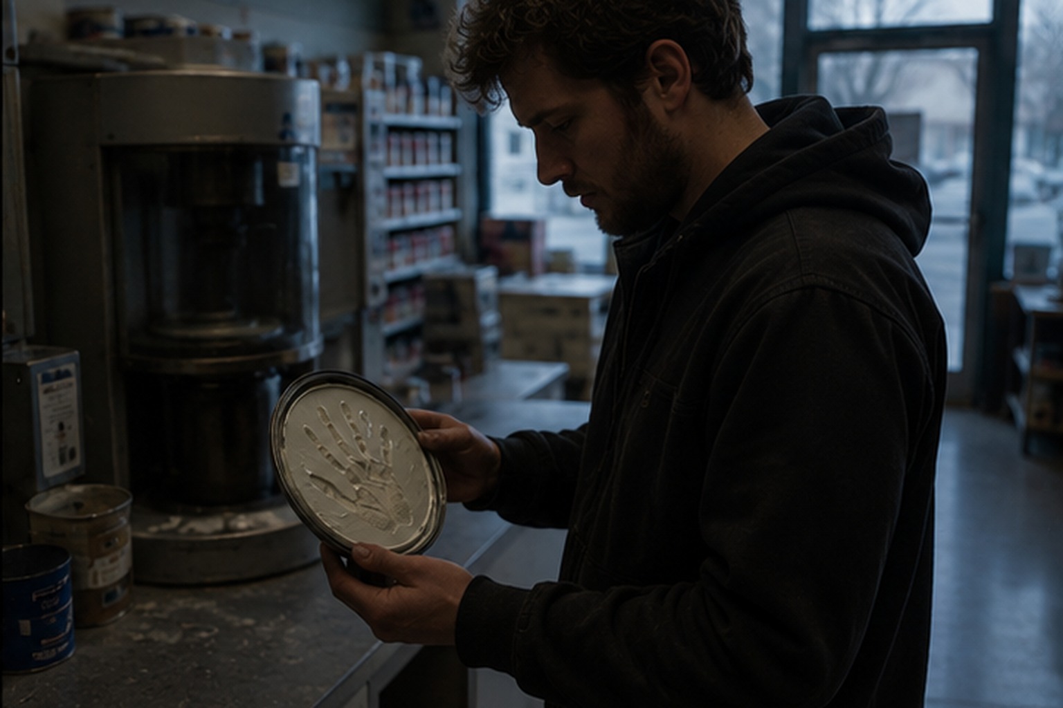 Morning discovery at hardware store paint counter CAPTION 4: By morning, the strangest part was not the machine. It was what had been pressed beneath the lid.