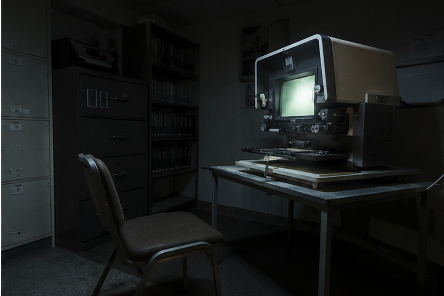 The chair was pushed in during closing, but the camera later showed it occupied by a dark shape.