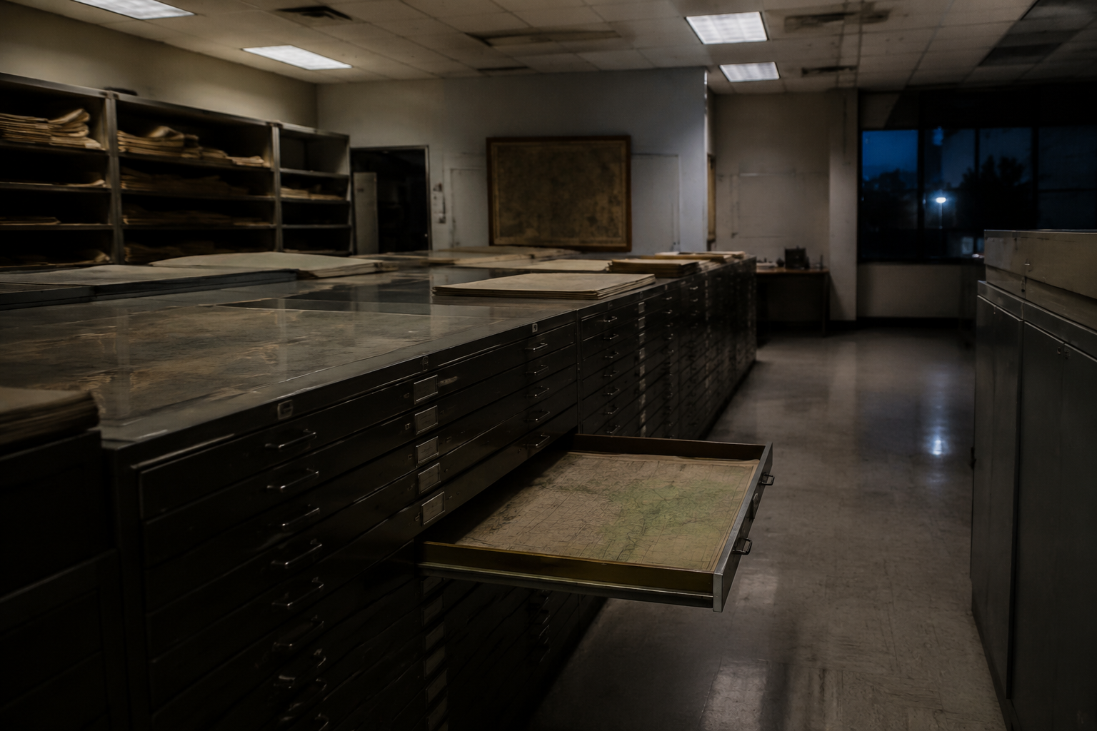 Closed archive map room with one drawer open CAPTION: The account centers on a flat-file drawer that appeared open after closing.