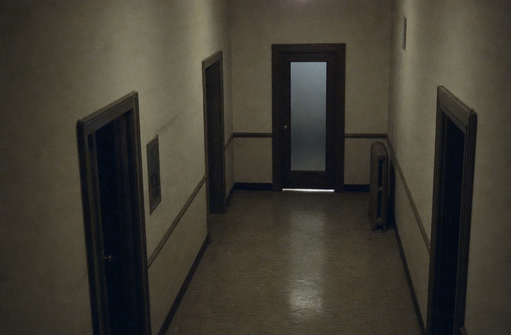 Locked archive hallway with light under the door CAPTION: The hallway detail mattered because the badge log reportedly stayed empty.
