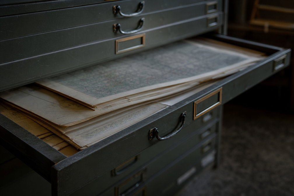 Open map drawer with disturbed dust line CAPTION: Viewers focused on the dust line and the drawer angle.