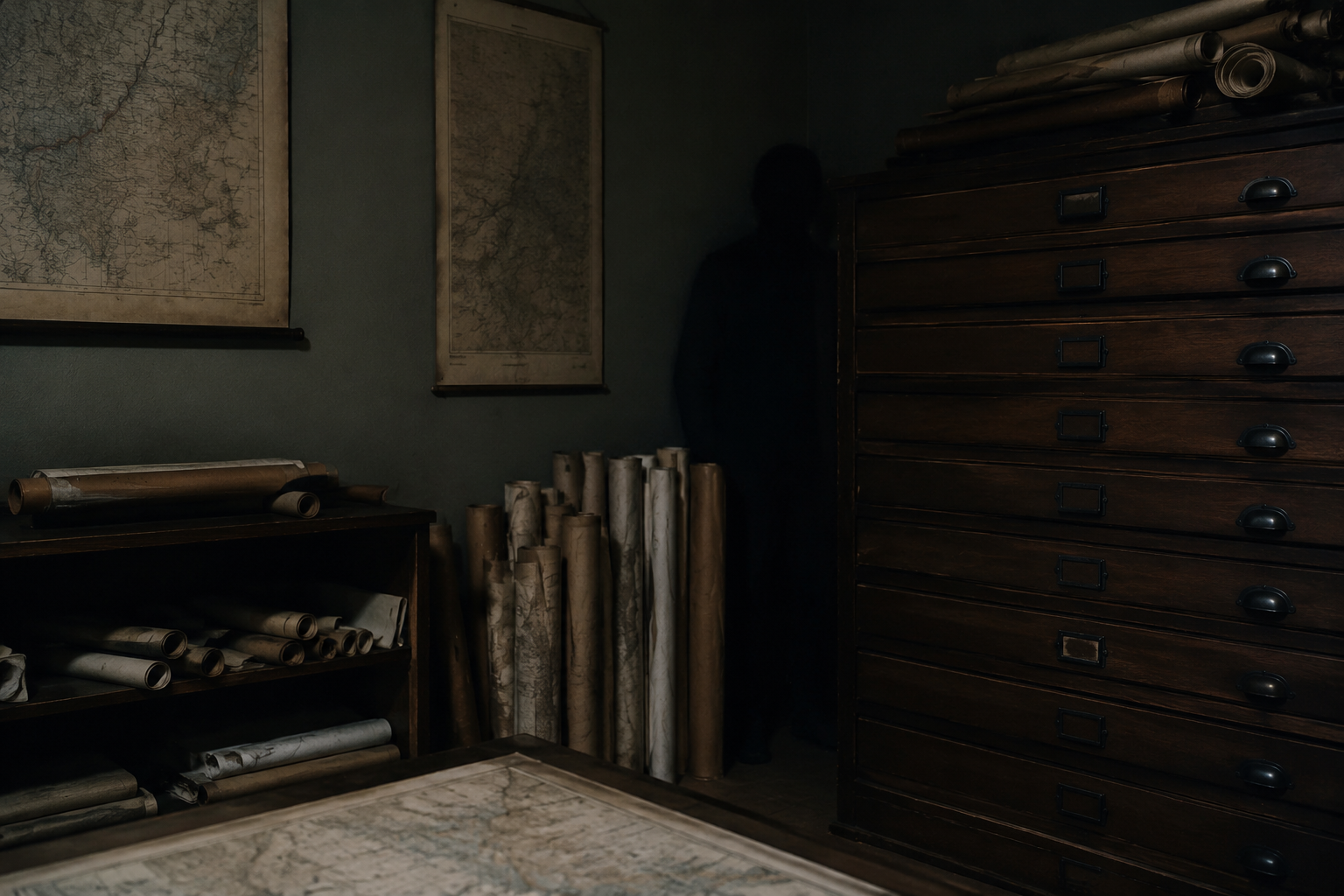 Dark shape near archive map cabinets CAPTION: Some viewers interpreted a far-corner shape as the detail that kept the story alive.