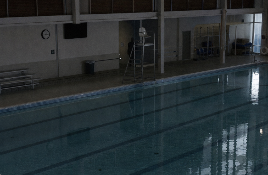 A dark featureless figure appears behind a lifeguard chair in a grainy closed-pool camera view.