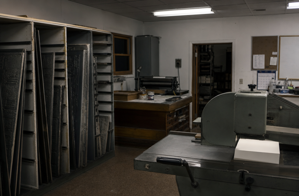 Closed print shop plate room after hours