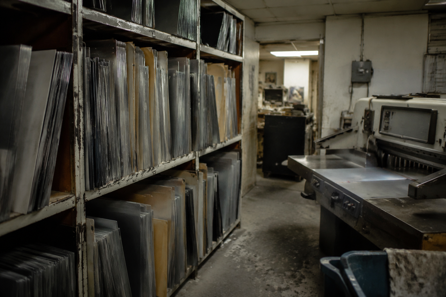 Printing plates stacked beside paper cutter