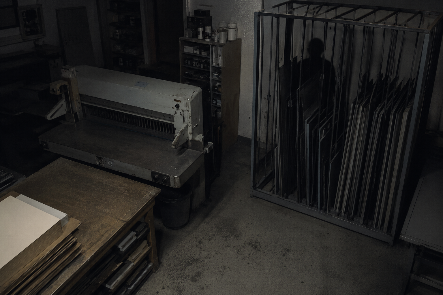 Dark figure behind print shop plate rack