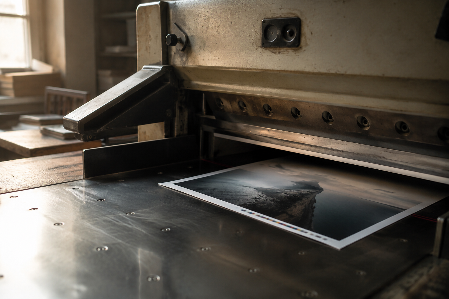 Proof sheet beneath commercial paper cutter