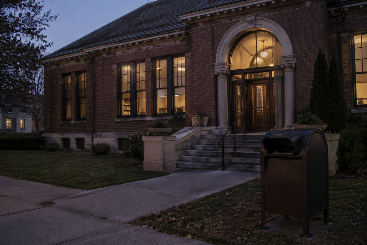 Closed public library after dark