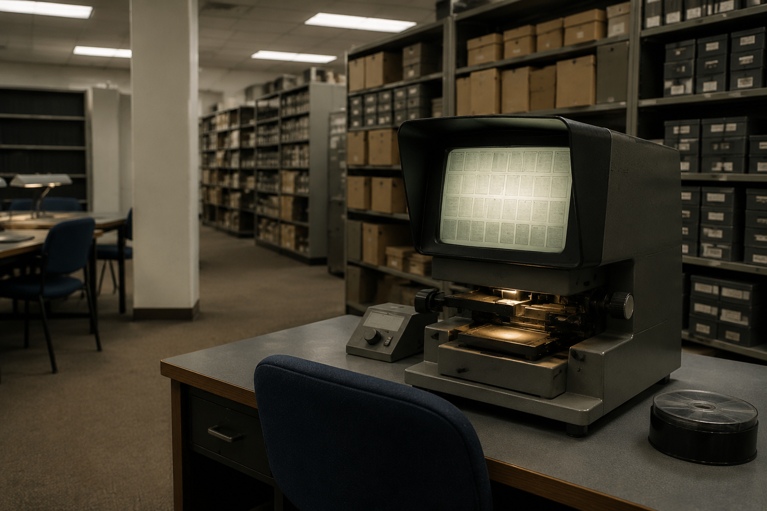 Microfilm reader beside archive shelves
