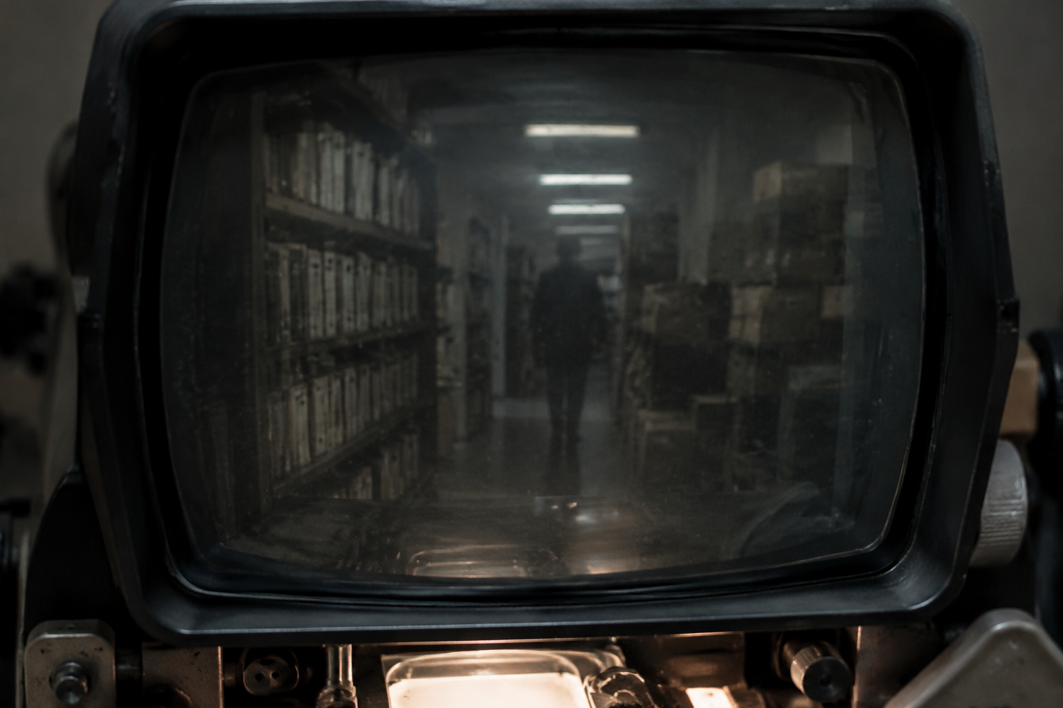 Dark figure reflected near library archive shelves