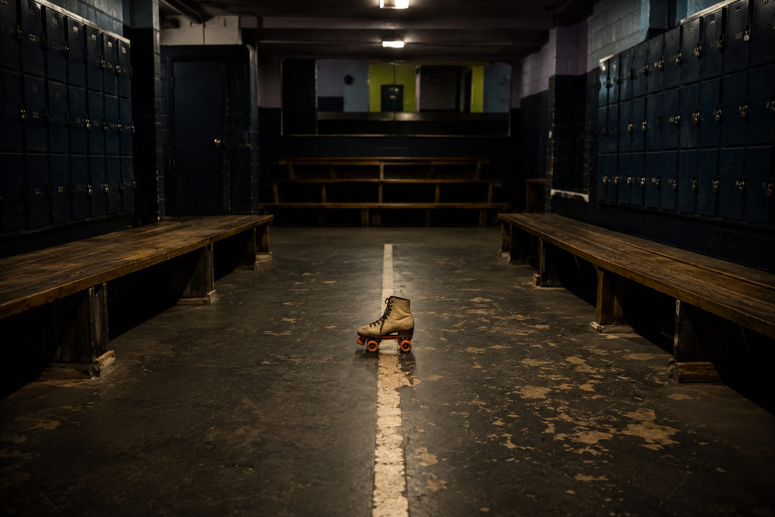 Closed skating rink locker room with one rental skate on the center line