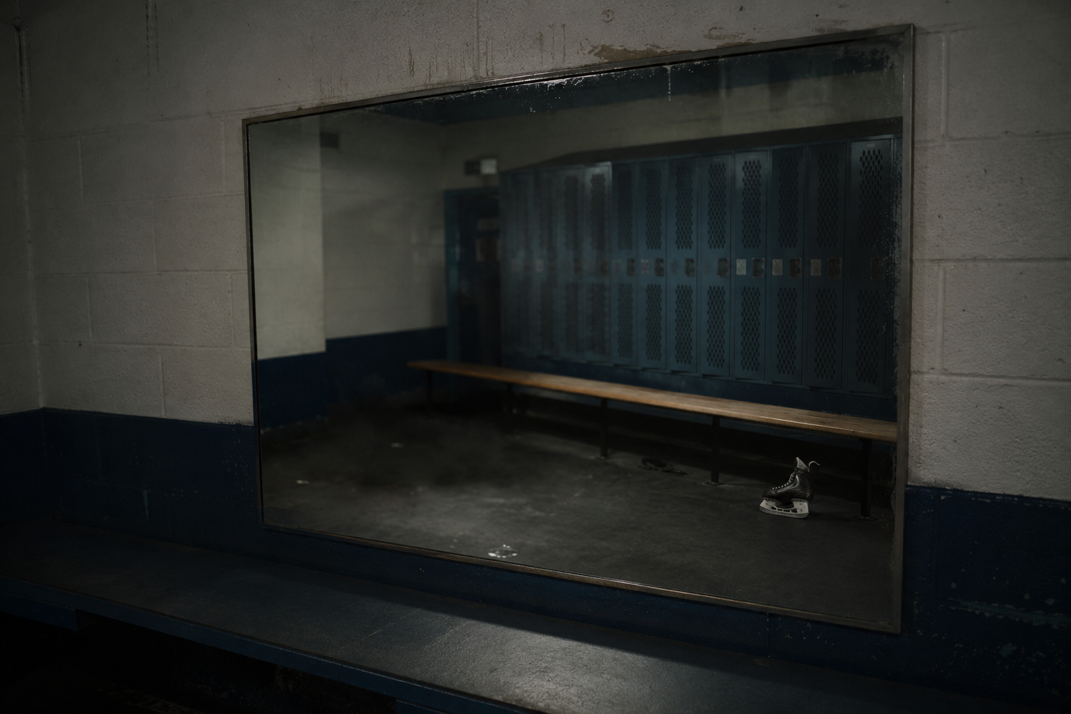 Empty skating rink locker room mirror reflecting benches and a lone skate