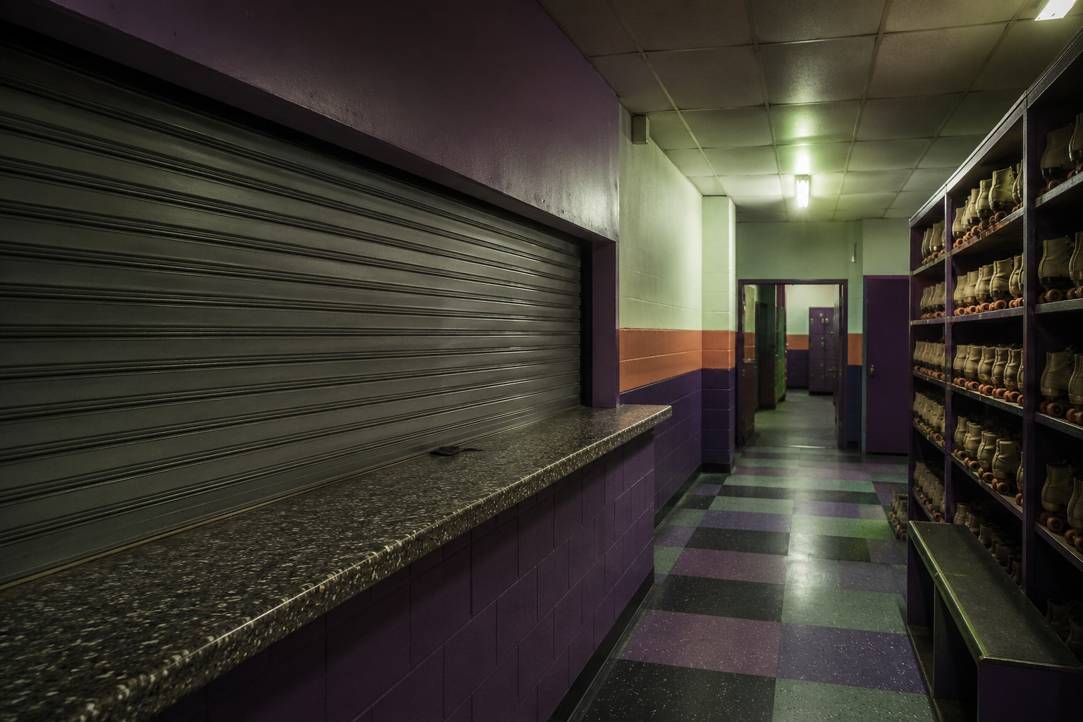 Closed roller rink rental counter with shelves of worn skates after hours