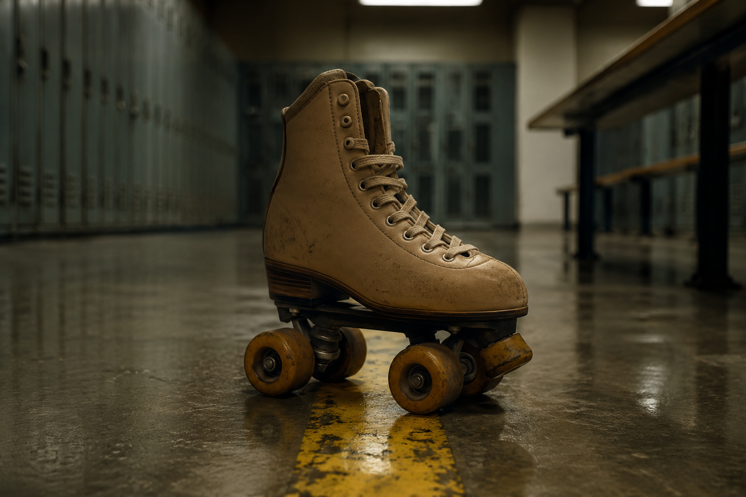 Single tan rental roller skate resting on a painted center line in an empty locker room