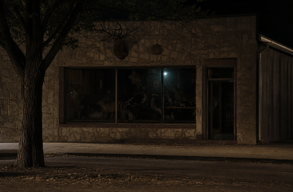 Closed taxidermy shop window after dark