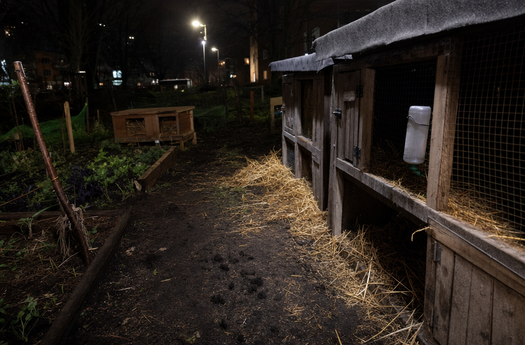 Disturbed rabbit hutches in a community garden at night with straw scattered across damp soil.