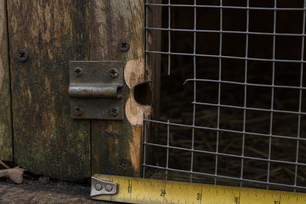 Close-up evidence view of unusual chew marks on a rabbit hutch latch and wire mesh.