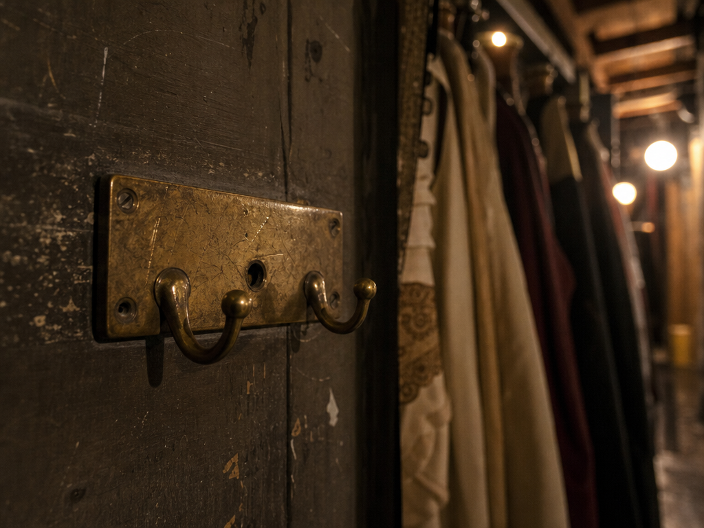 Empty brass hook plate on backstage wall