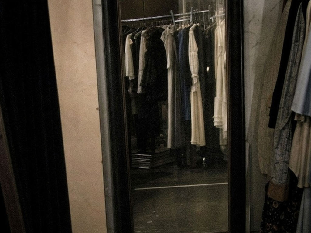 Ambiguous mirror reflection behind wardrobe racks