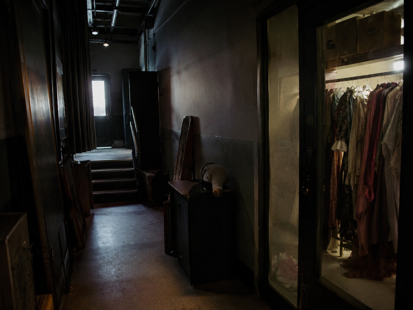 Closed theater hallway outside costume room