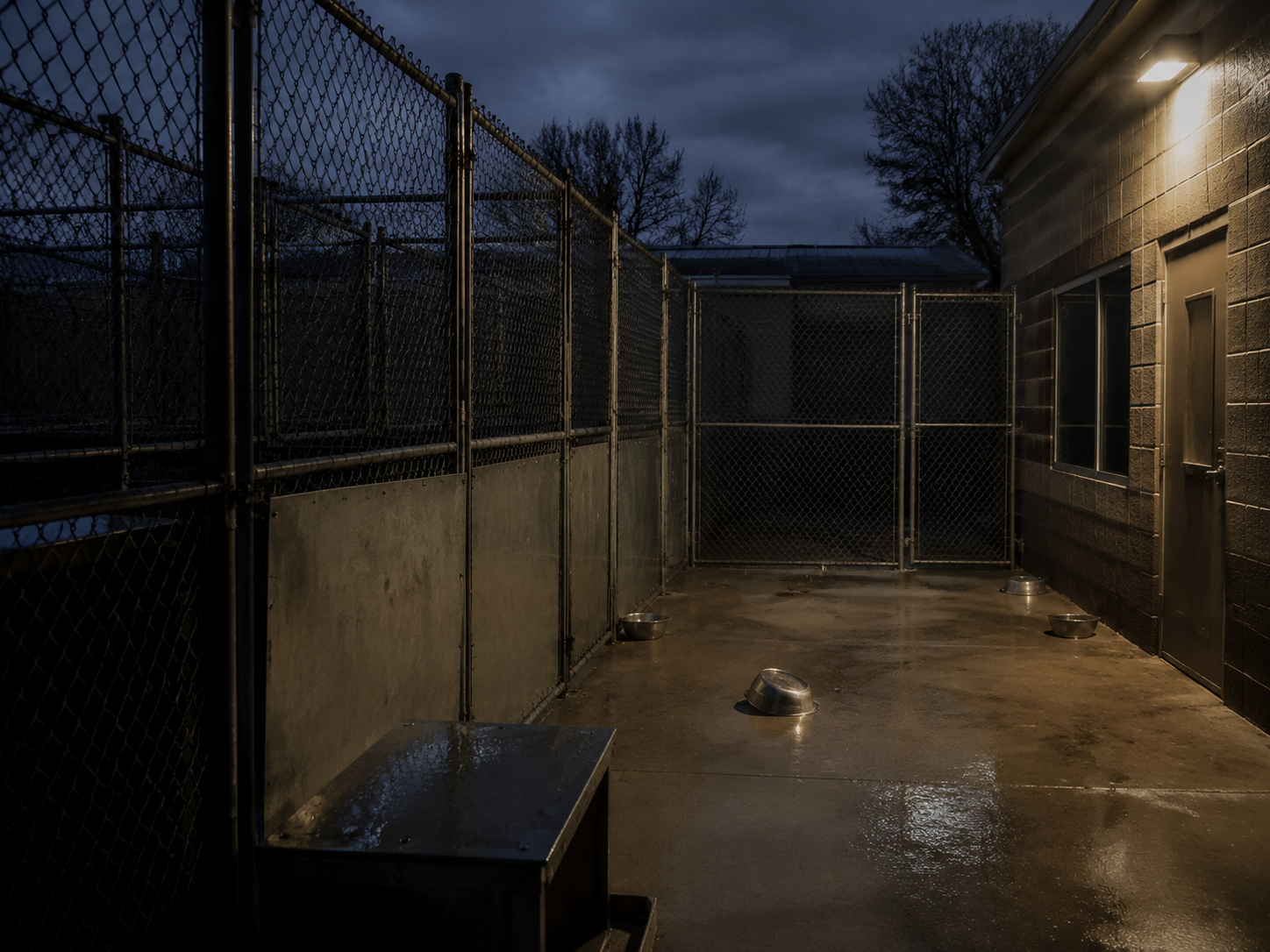 County animal shelter outdoor run with overturned water bowls after closing