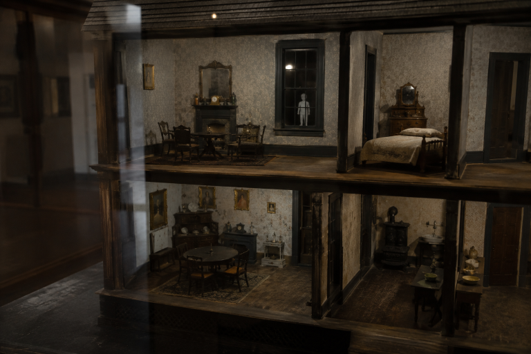 Through museum glass, miniature dollhouse rooms appear dim while a tiny white figure stands behind a window.