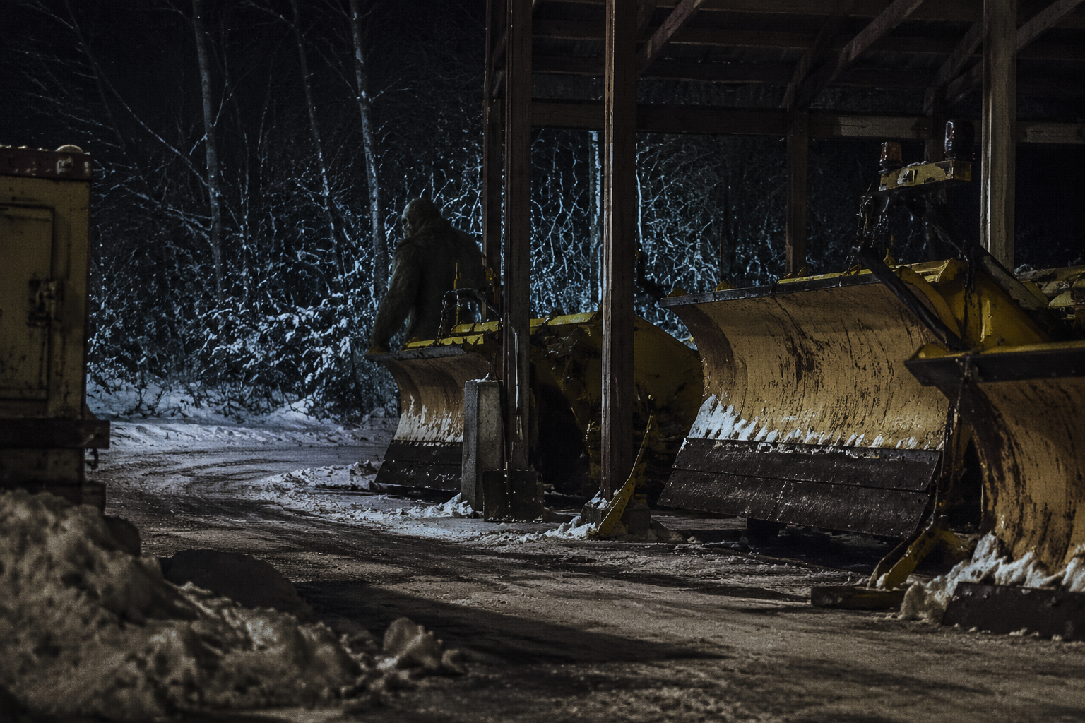 Dark shape behind stacked plow blades