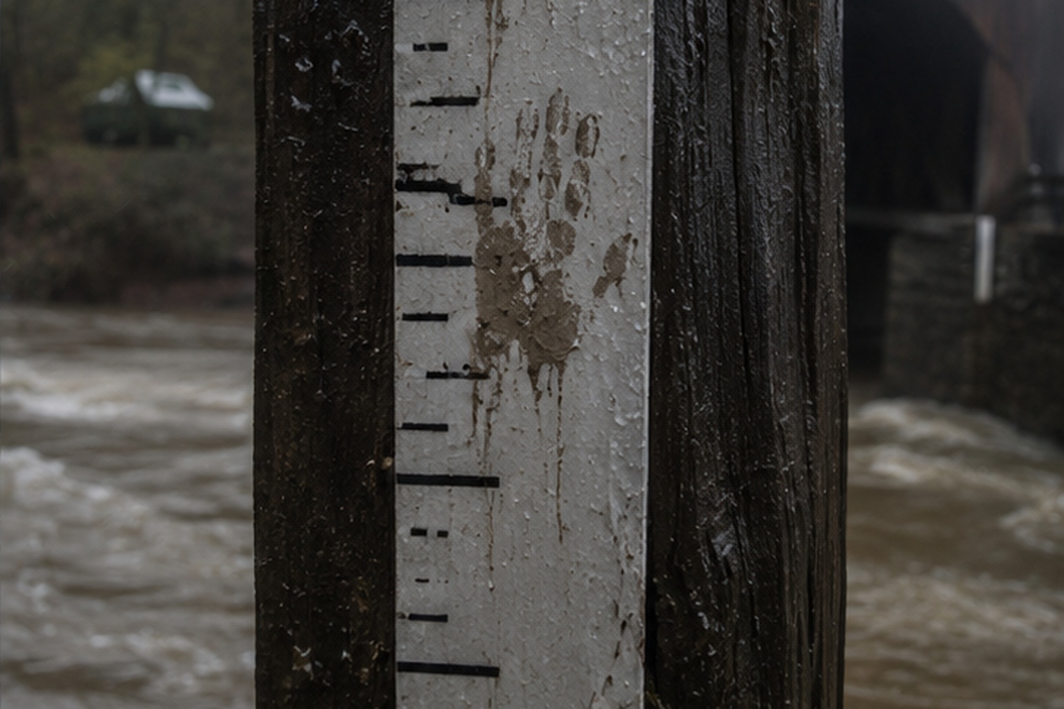 After the rain, a huge muddy handprint appeared high on the marker where no normal inspection mark should have been.