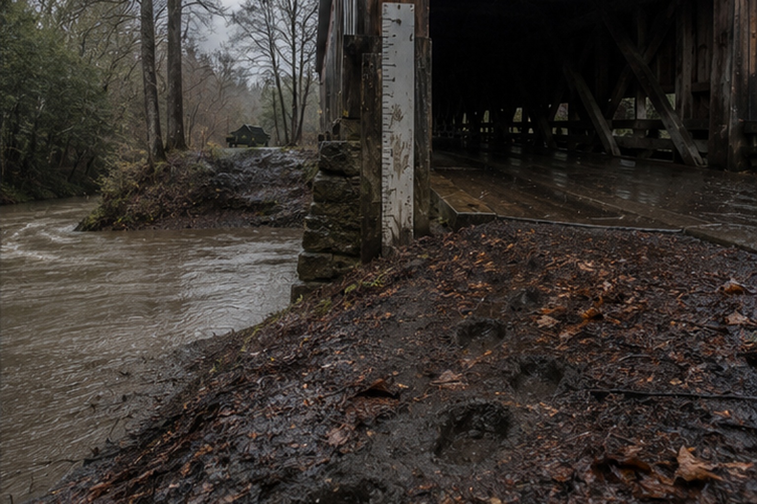 By daylight, the river had dropped, but the handprint on the gauge was still there.