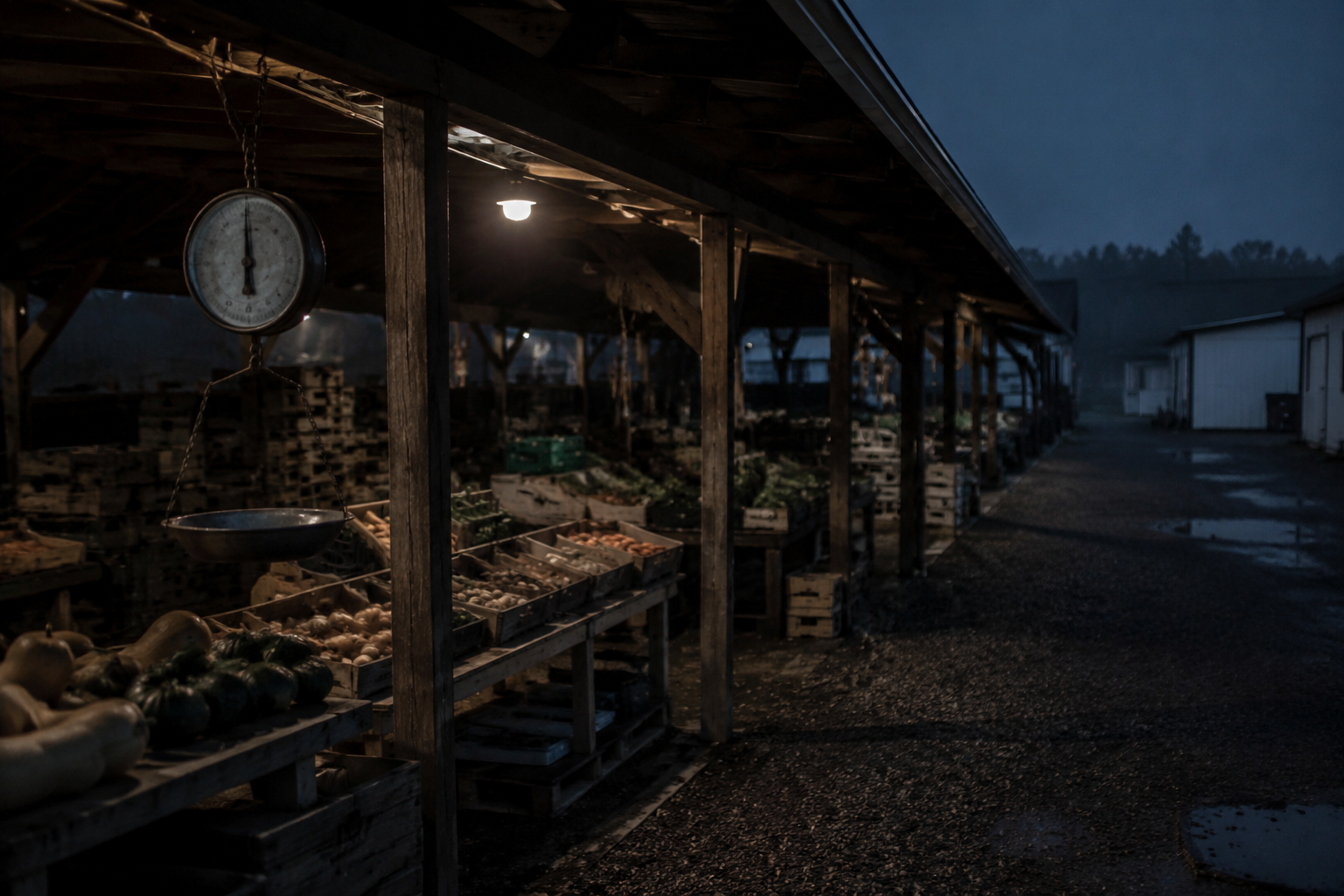 Closed rural covered produce market with a hanging scale and stacked crates
