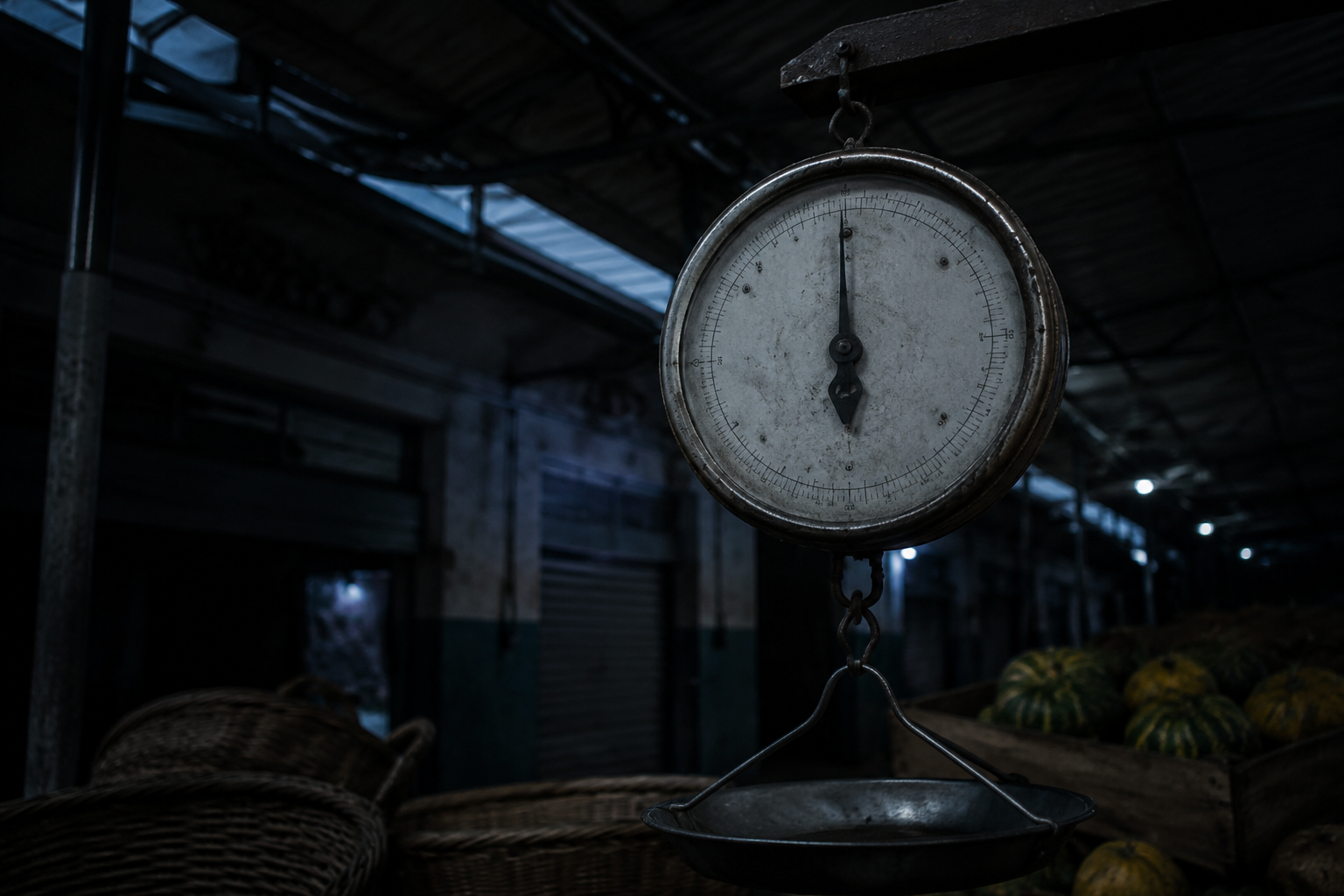 Old hanging produce scale in a closed market with crates below it