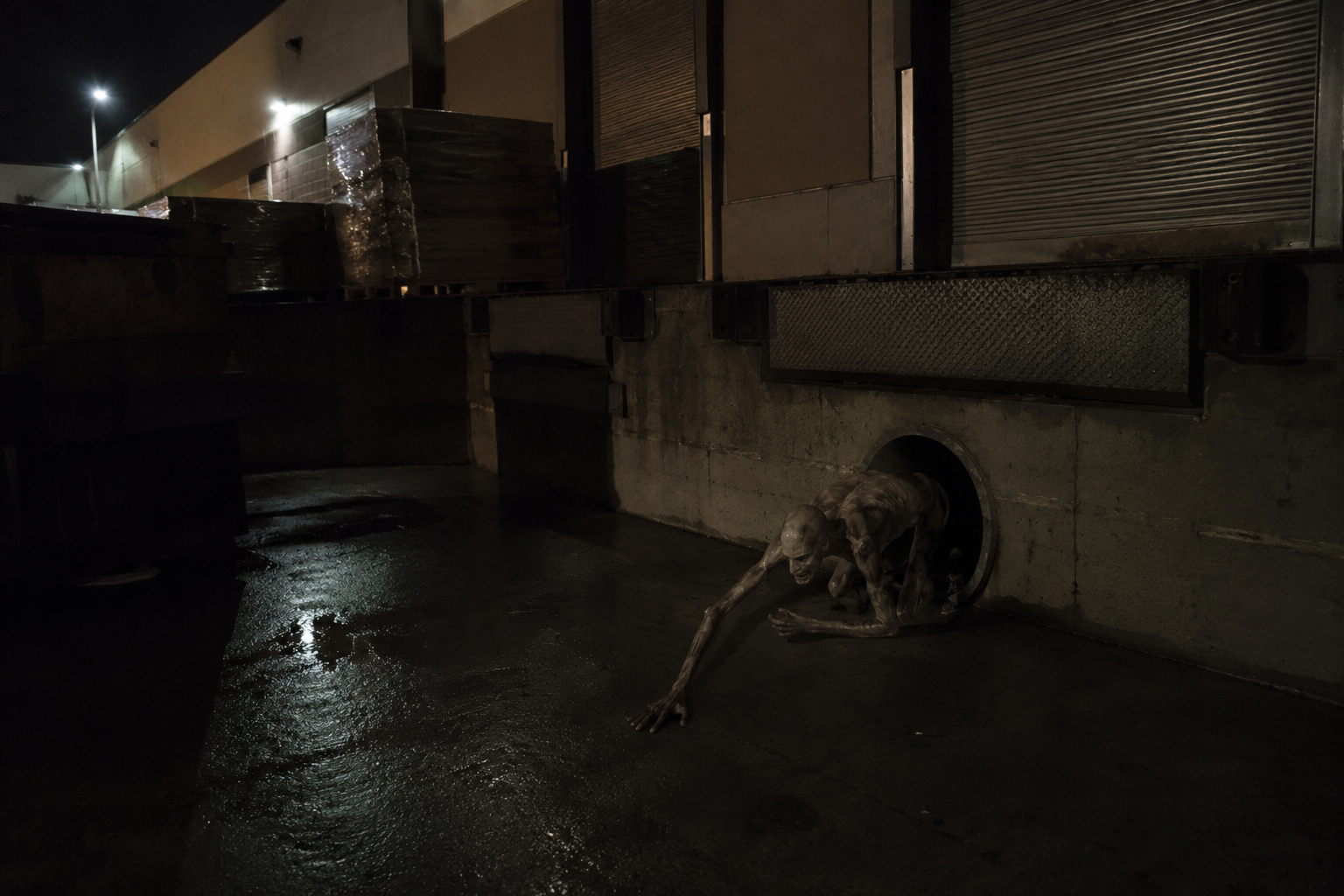 Closed supermarket loading area with pallets and a thin hairless creature emerging from the culvert in the shadows.