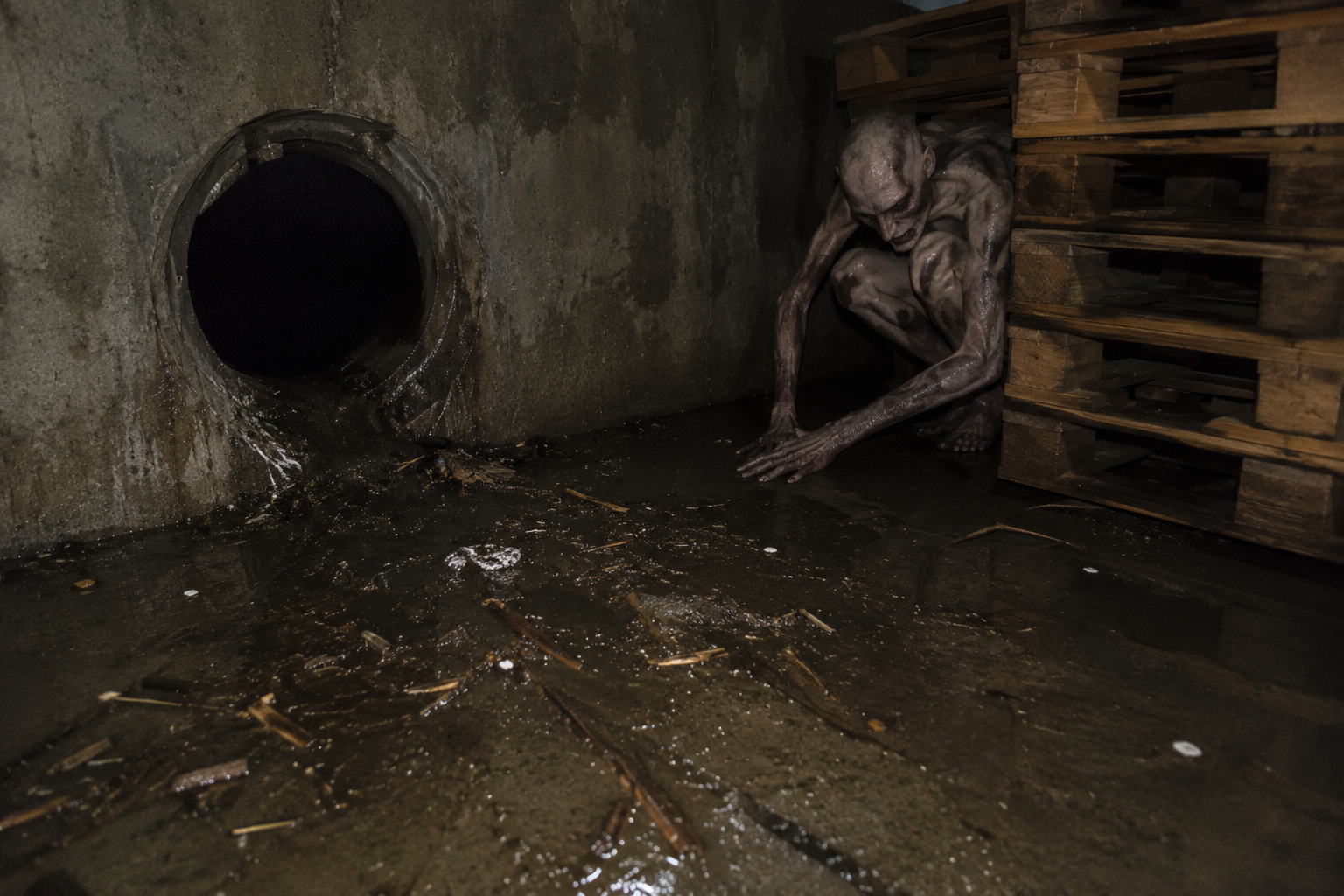 Muddy trails lead from a drainage culvert to stacked pallets where a gaunt bent-limbed cryptid crouches in shadow.