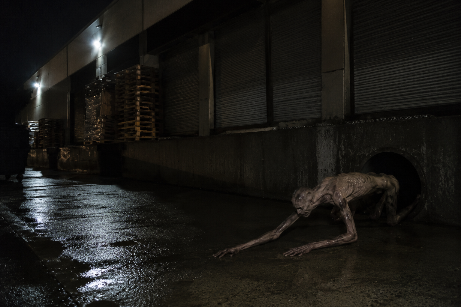 Rear supermarket service alley with loading doors, pallets, and a hairless stick-limbed creature crawling away from a culvert.