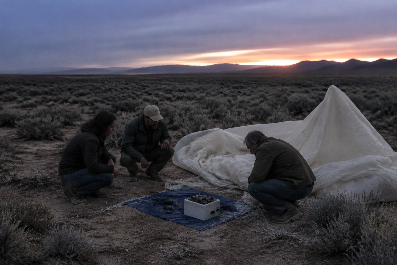 Dusk balloon payload recovery on dry rangeland
