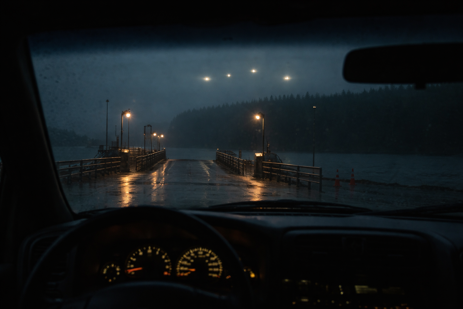 View from a parked truck toward odd lights near a ferry landing.