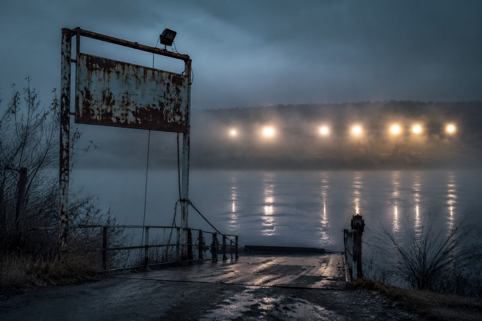 Closed ferry ramp with strange lights over a misty river.