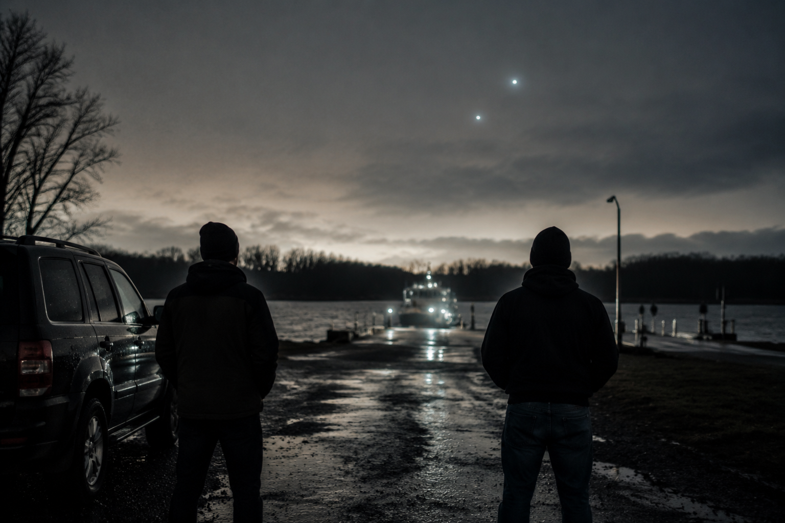 Witnesses watching unexplained lights from an empty ferry lot.