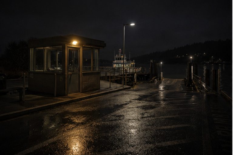 The clerk had balanced the drawer and locked the booth after the final ferry left the dock.