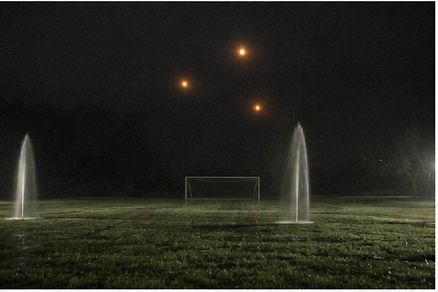 Dog staring at sprinklers on an empty soccer field