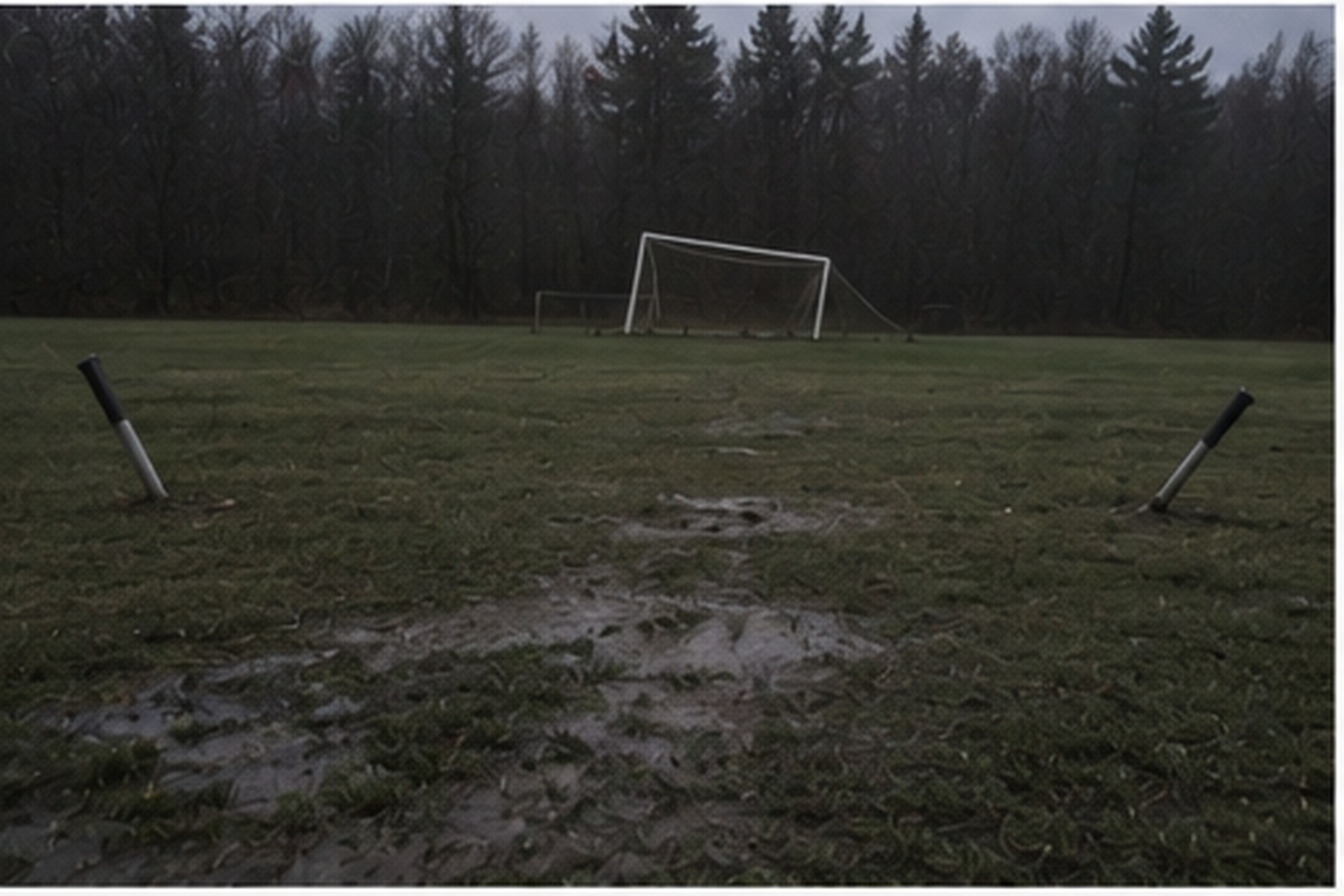 Morning soccer field with sprinkler heads tilted upward