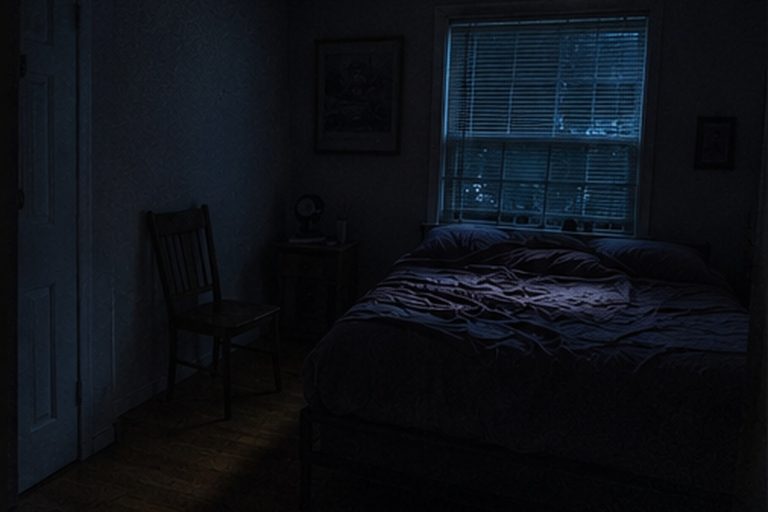 Old chair beside a bed at night