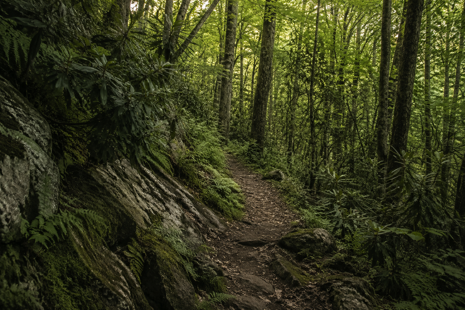 Old fire tower trail winding through dense forest ferns