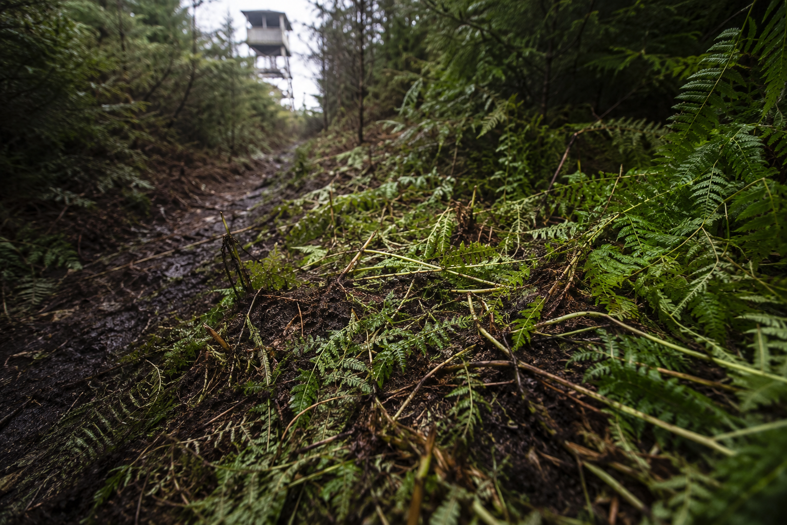 Disturbed fern line beside a fire tower trail