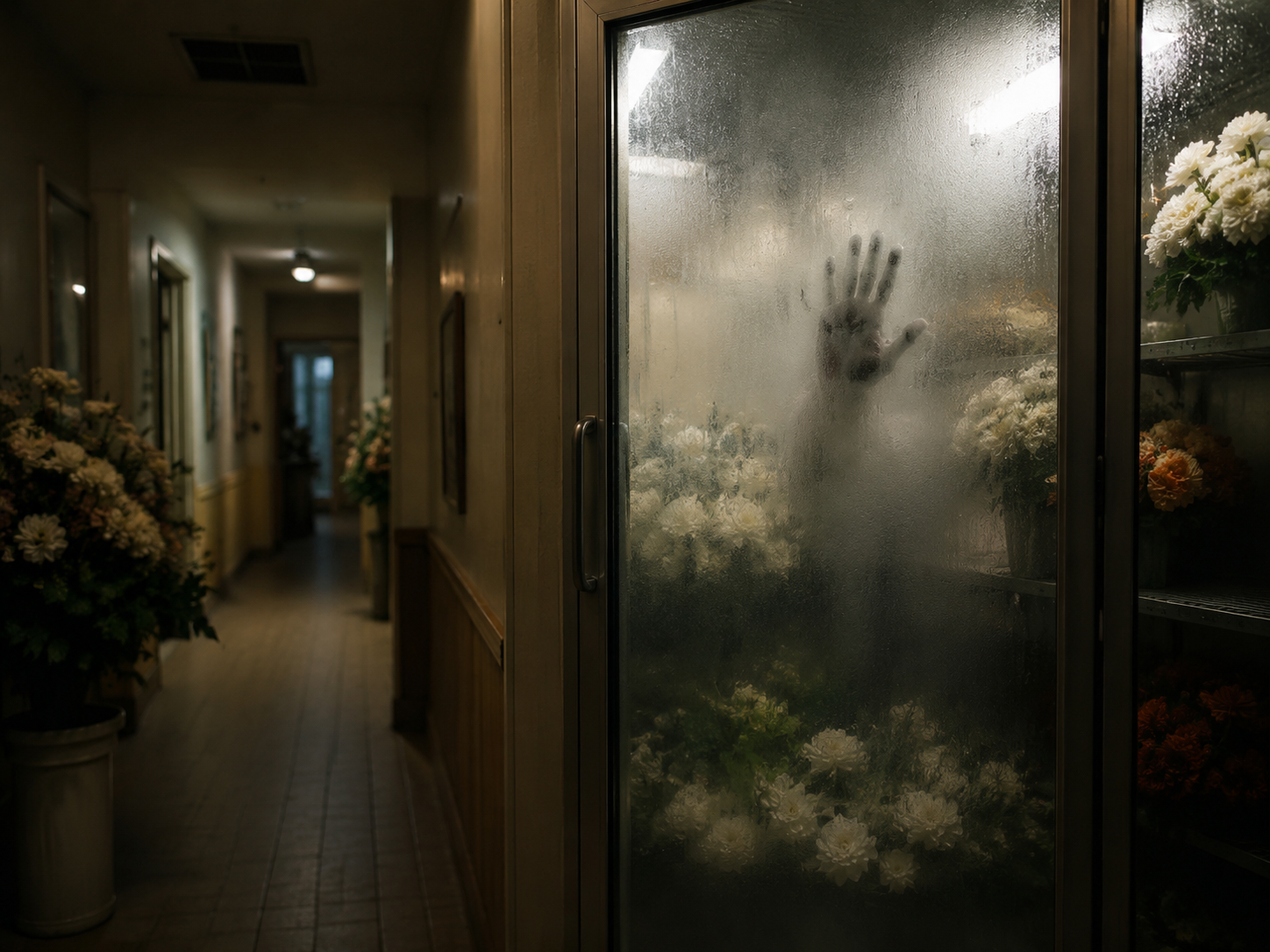 A condensation handprint appears on the inside glass of a funeral home flower cooler.